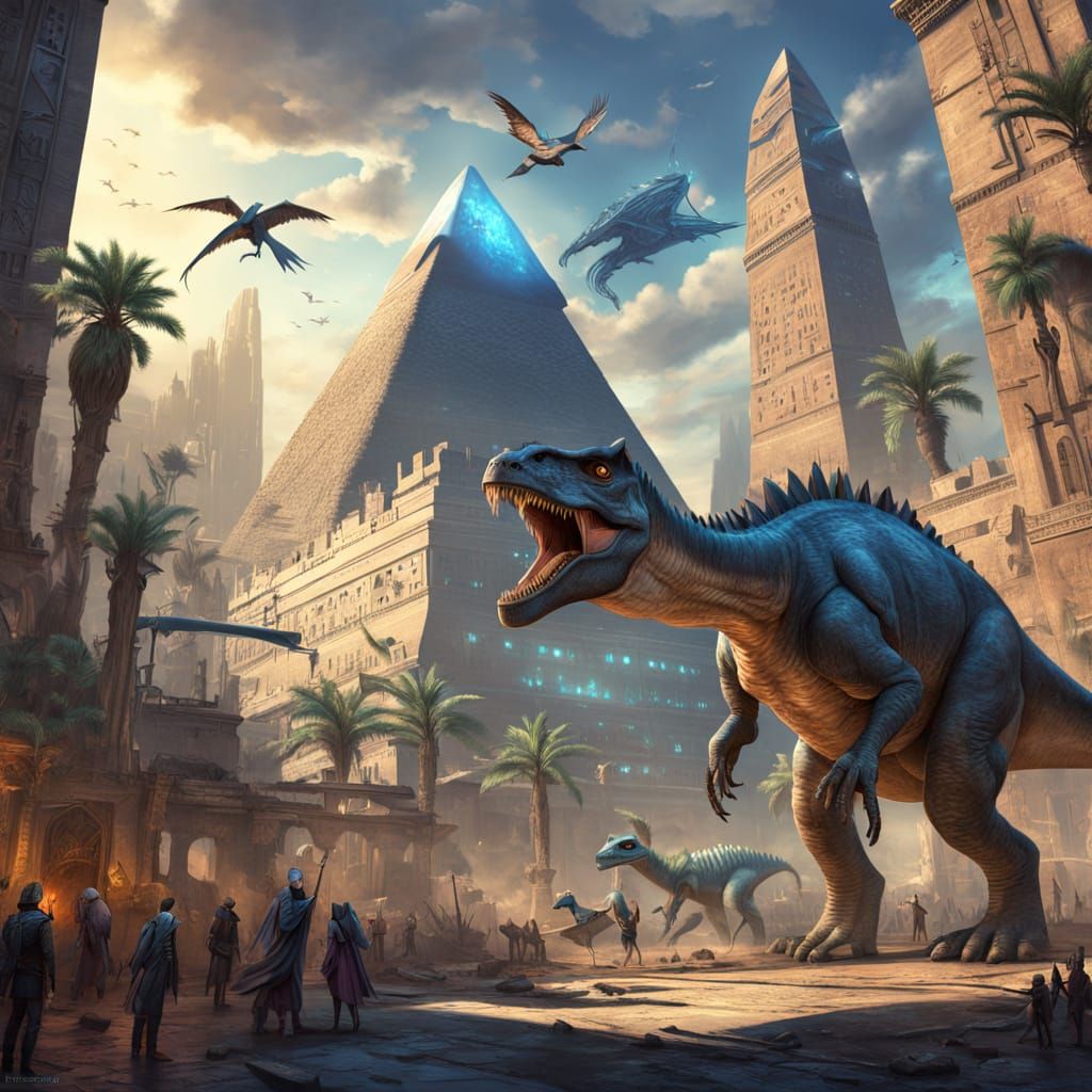 Bioluminescent Dinosaurs in a Futuristic Cityscape