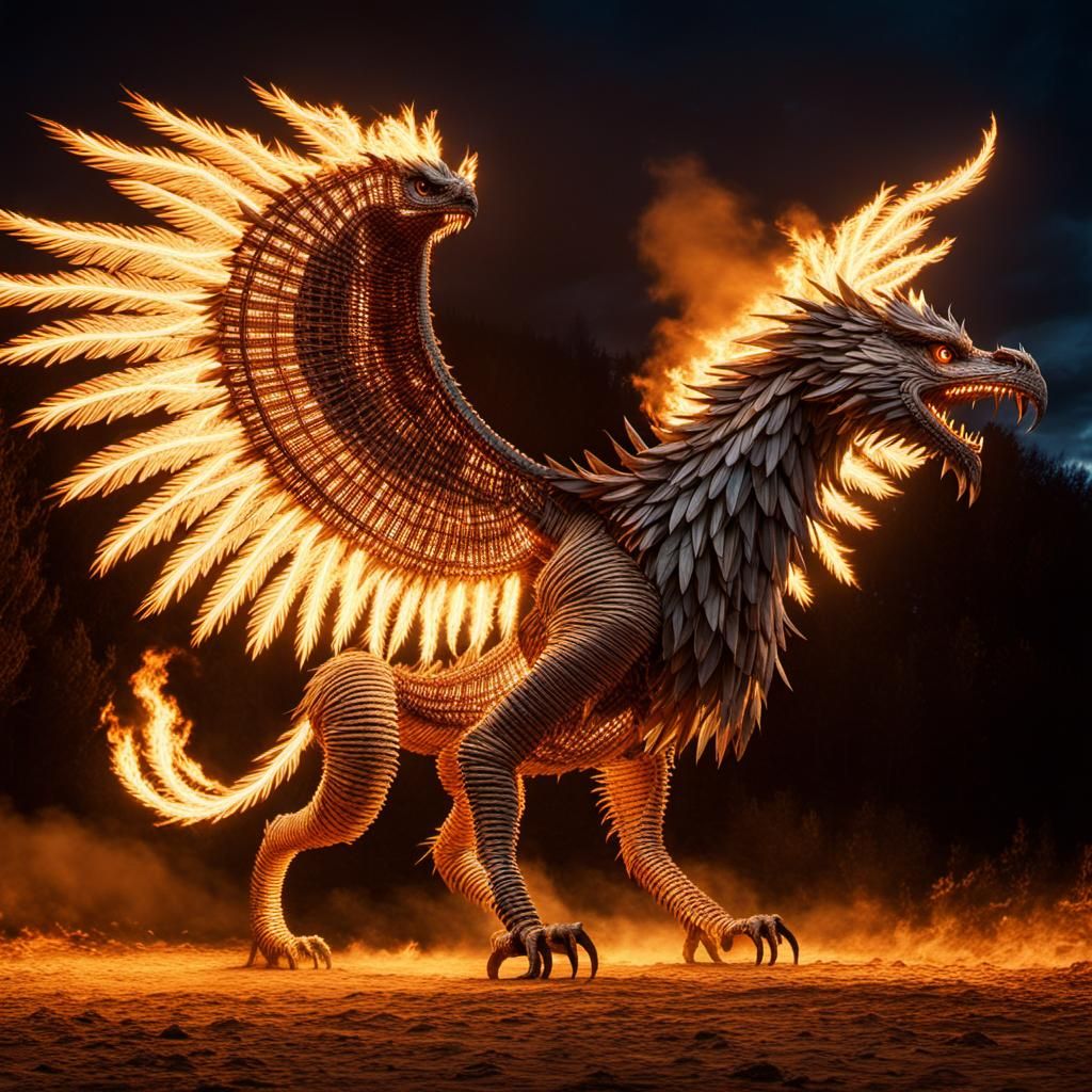 Woven Griffin Sculpture Lit by Torchlight