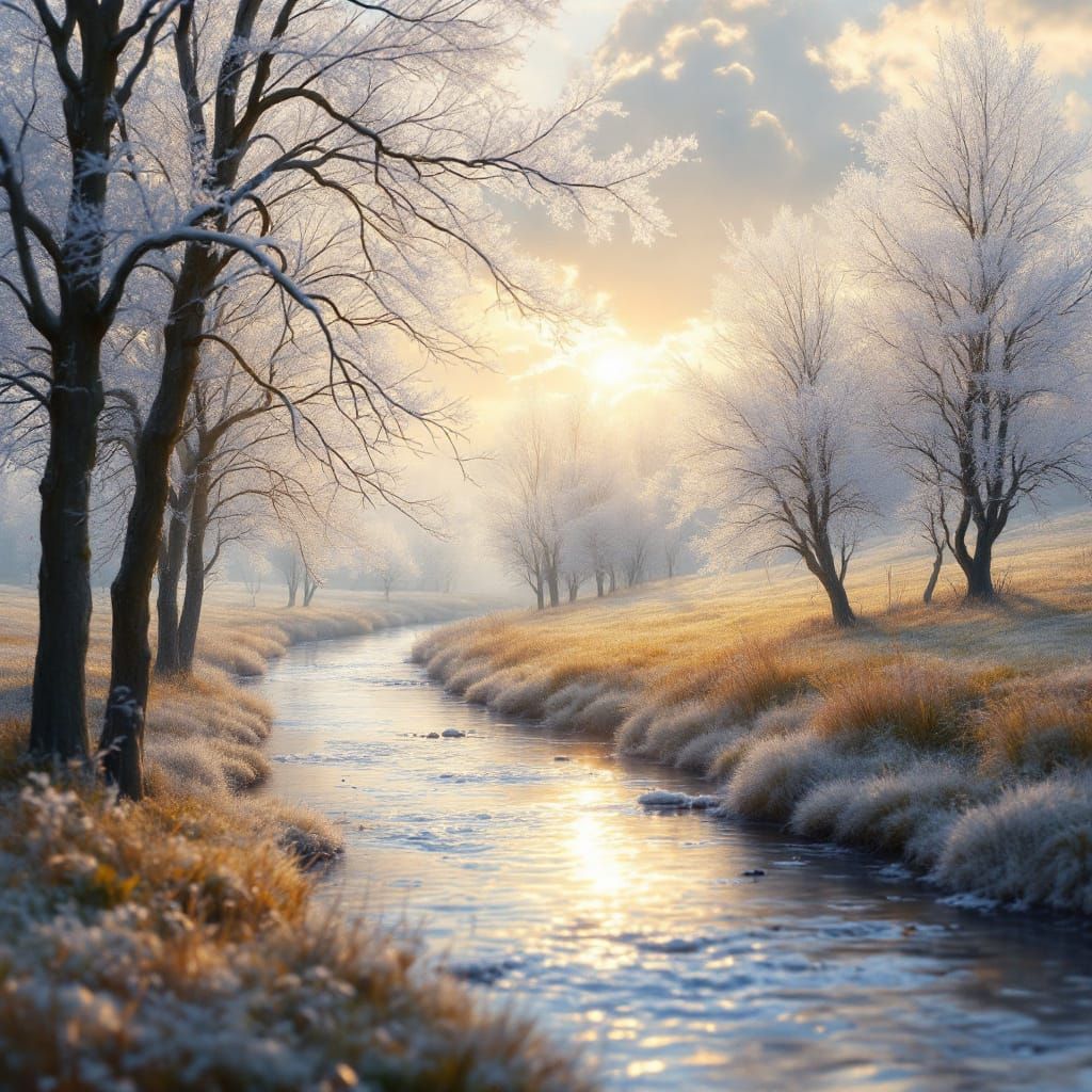 Golden Sunrise in Frosty Autumn Countryside, Impressionistic...