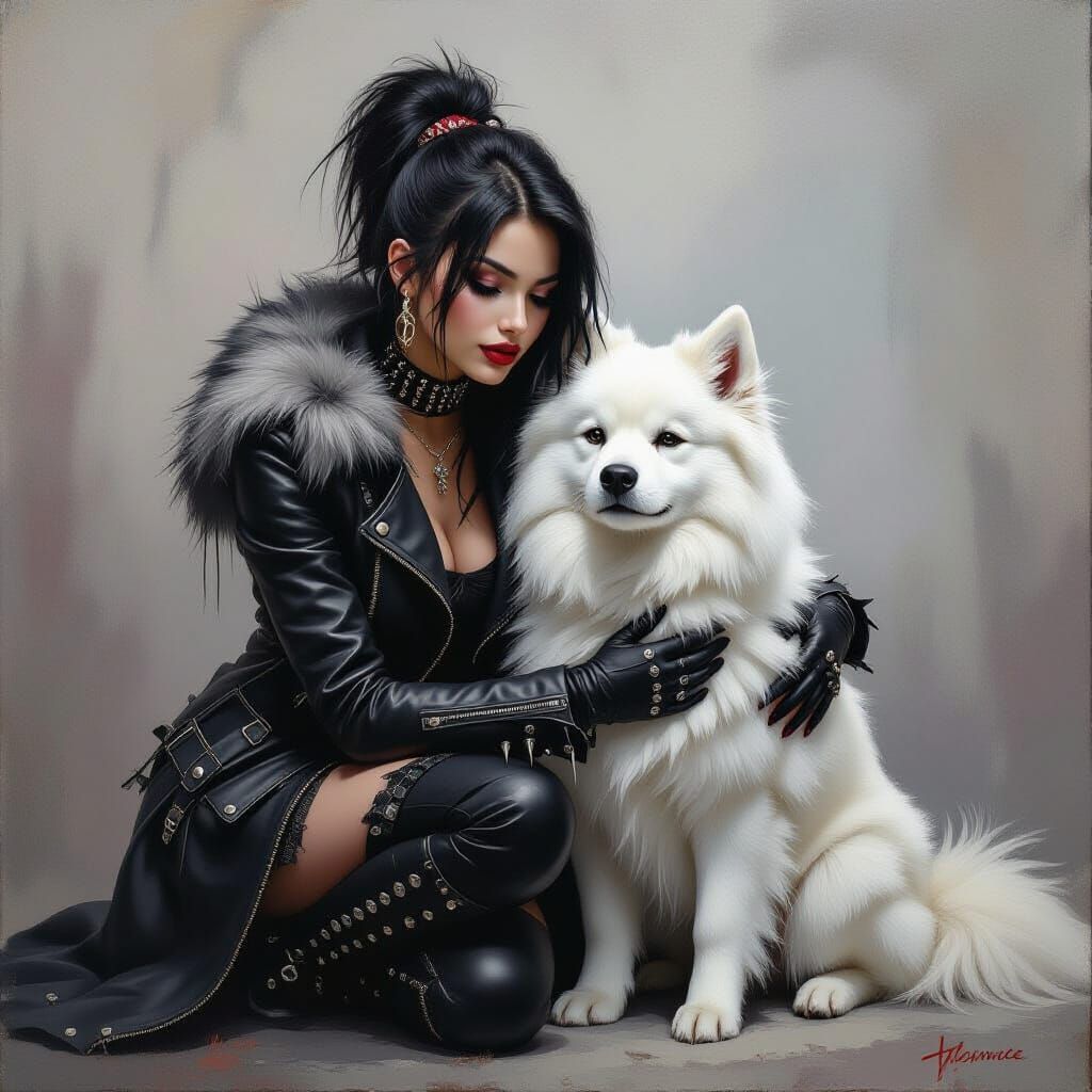 Gothic Punk Girl With Dog, Oil Painting Style