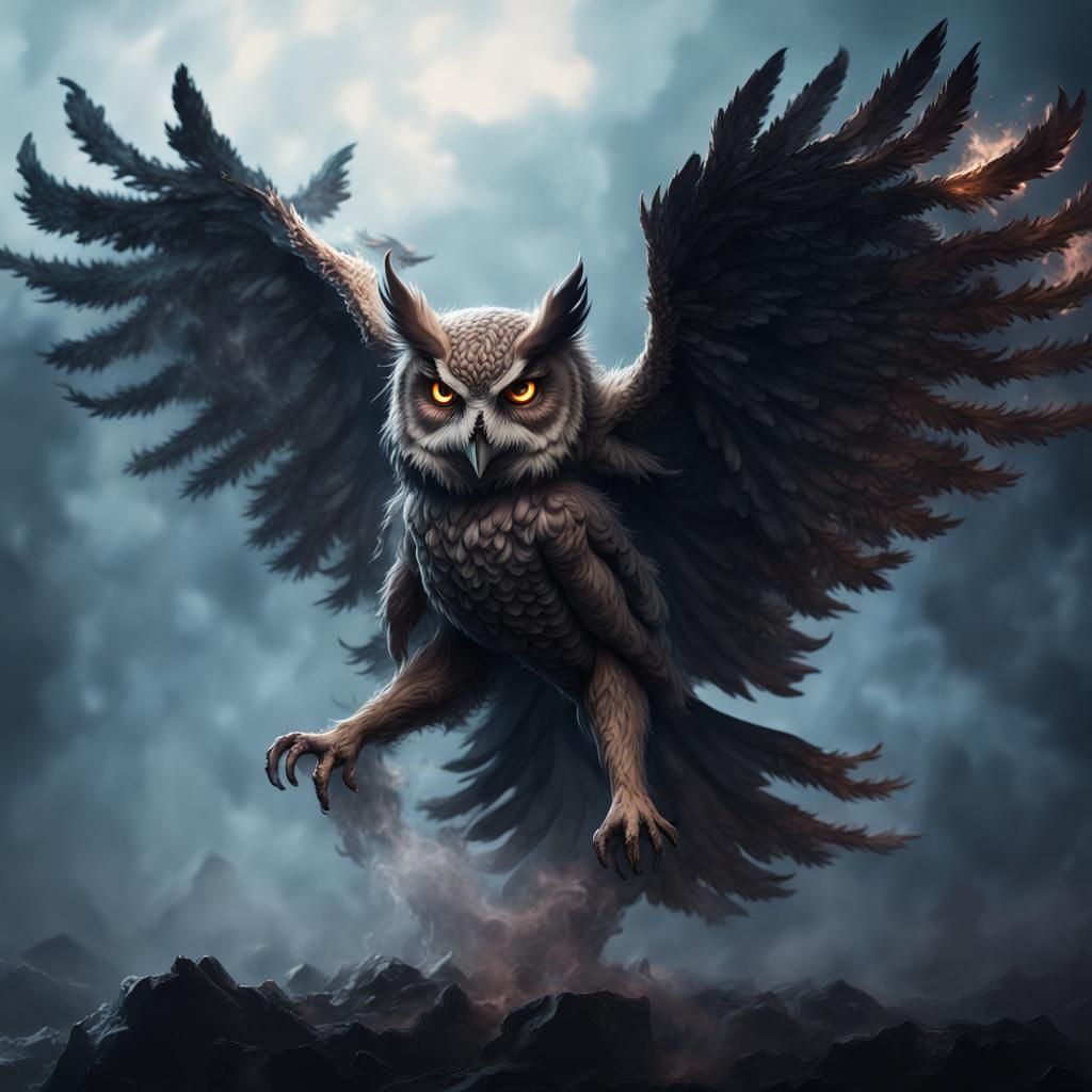 Smoky Shadow Owl Demon, Detailed Matte Painting