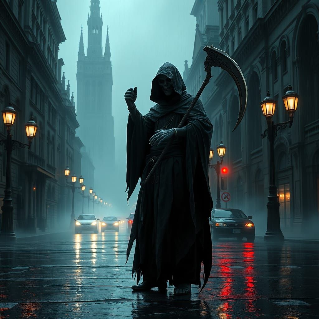 Grim Reaper Directs Traffic in Gothic Cityscape