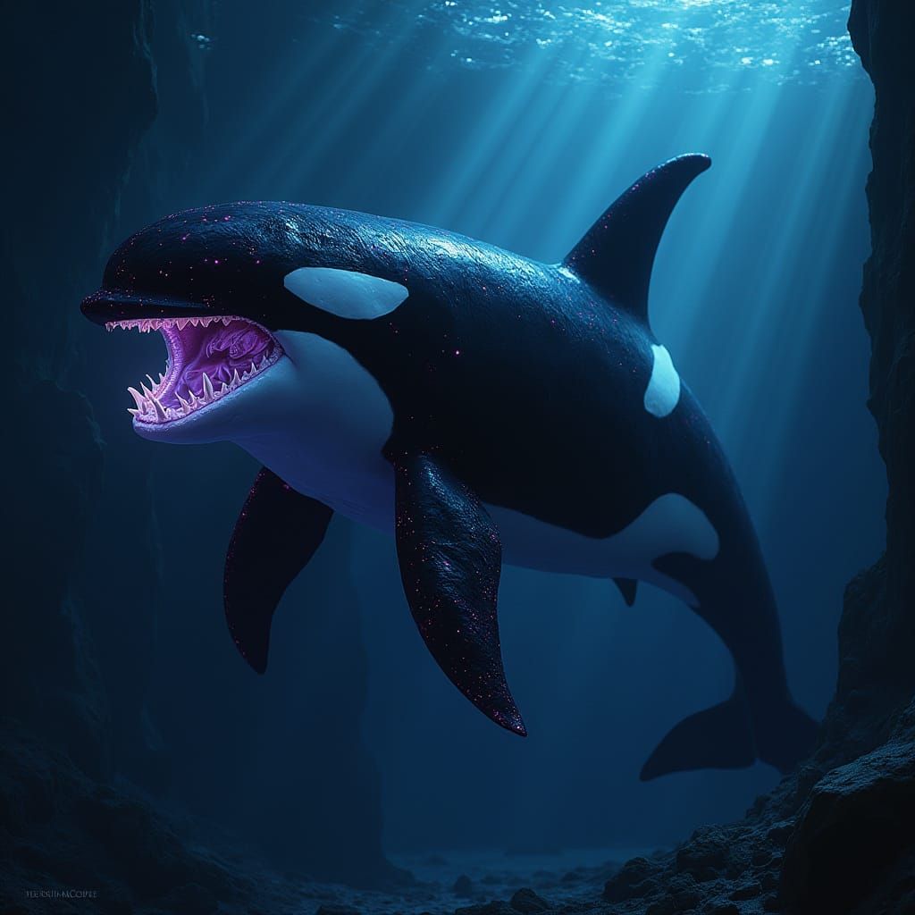 Surreal Bioluminescent Orca in Futuristic Dystopian Style