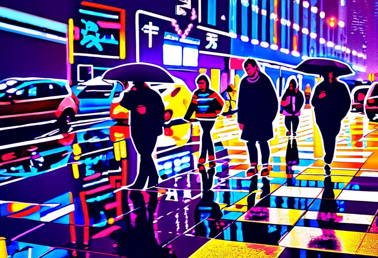 Cyberpunk Cityscape Neon Reflections Digital Matte Painting