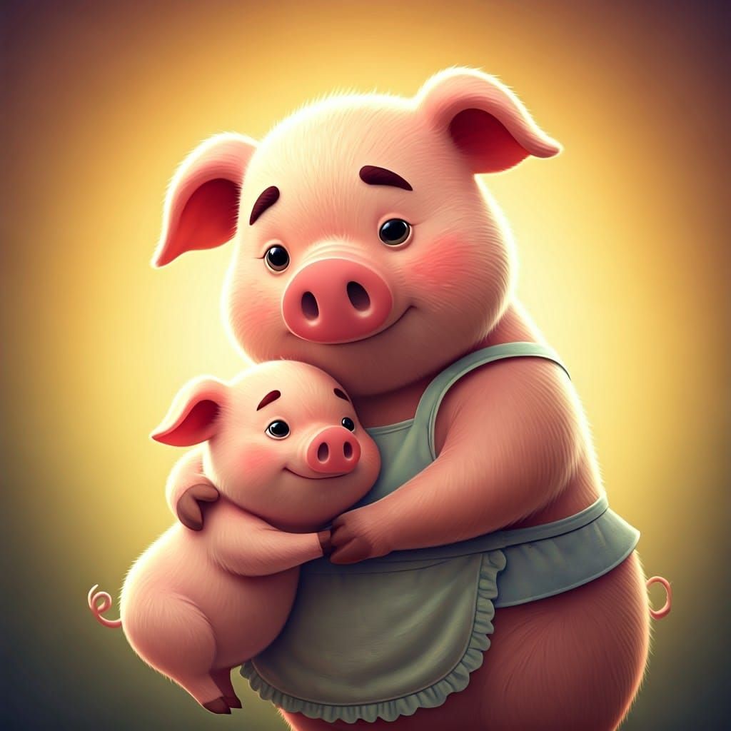 Mother Pig Protects Her Little One with Loving Arms