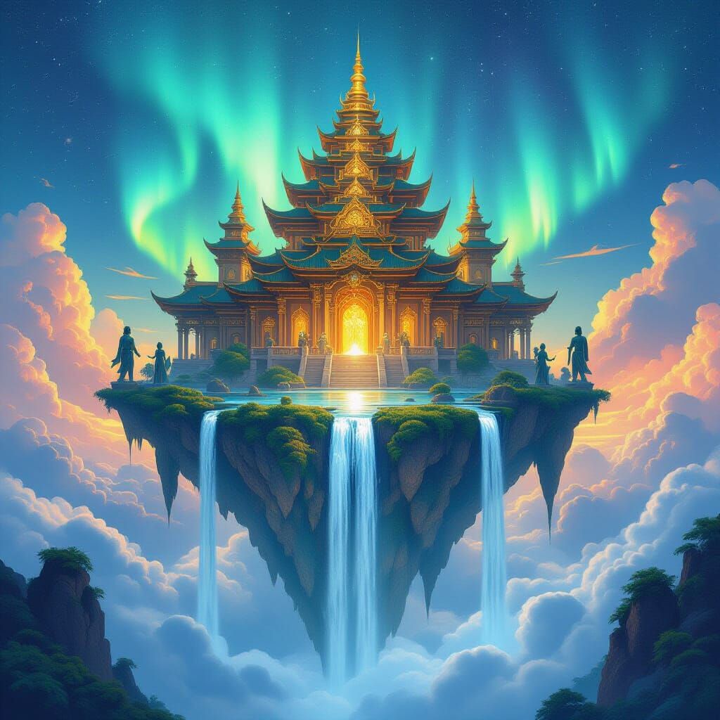Floating Temple Island in Aurora Sky