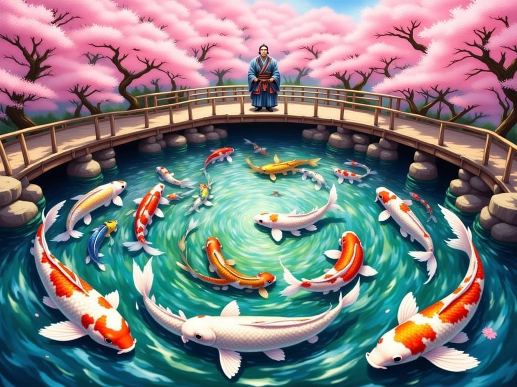 Koi Fish Spiral Under Bridge in Dreamlike Style