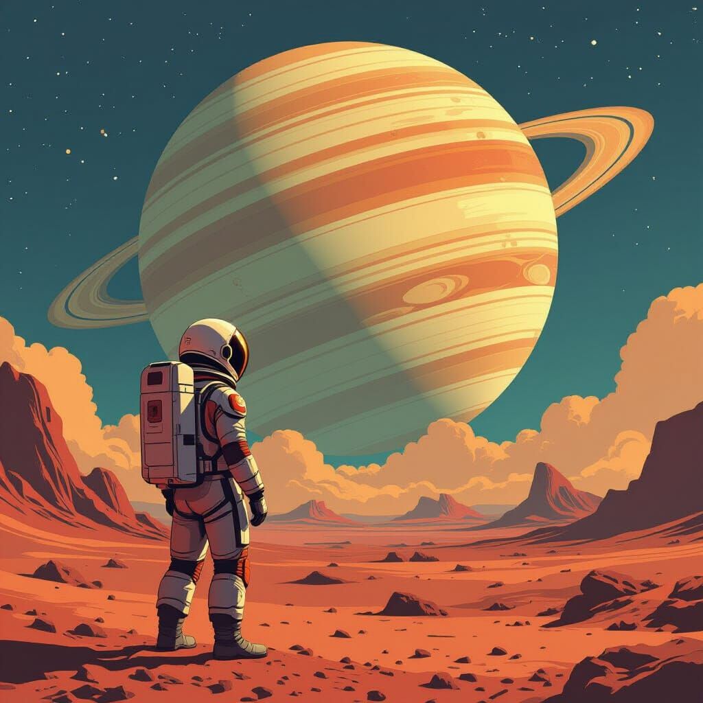 Astronaut on Alien Planet with Ringed Gas Giant