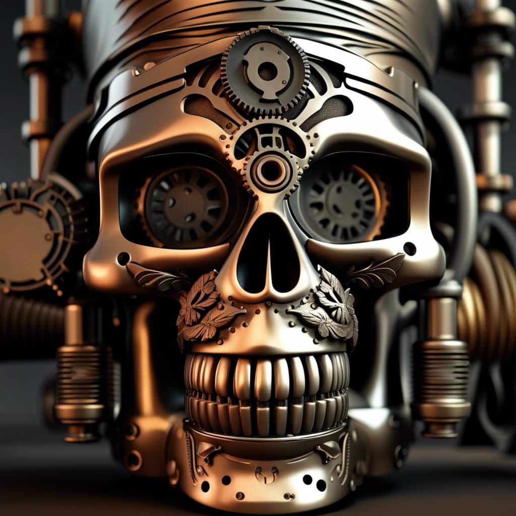 Urban Skull Portrait with Steampunk Engine in Ink