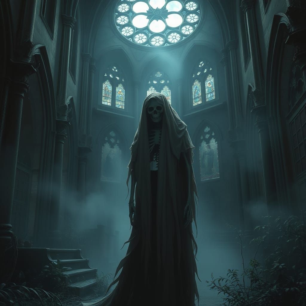 Eerie Skeletal Figure in Abandoned Cathedral