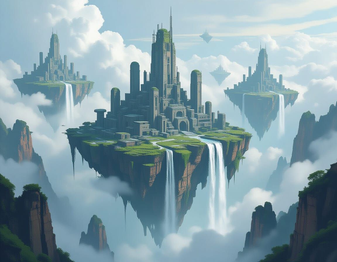 Floating Islands with Dystopian Ruins in Digital Art Style