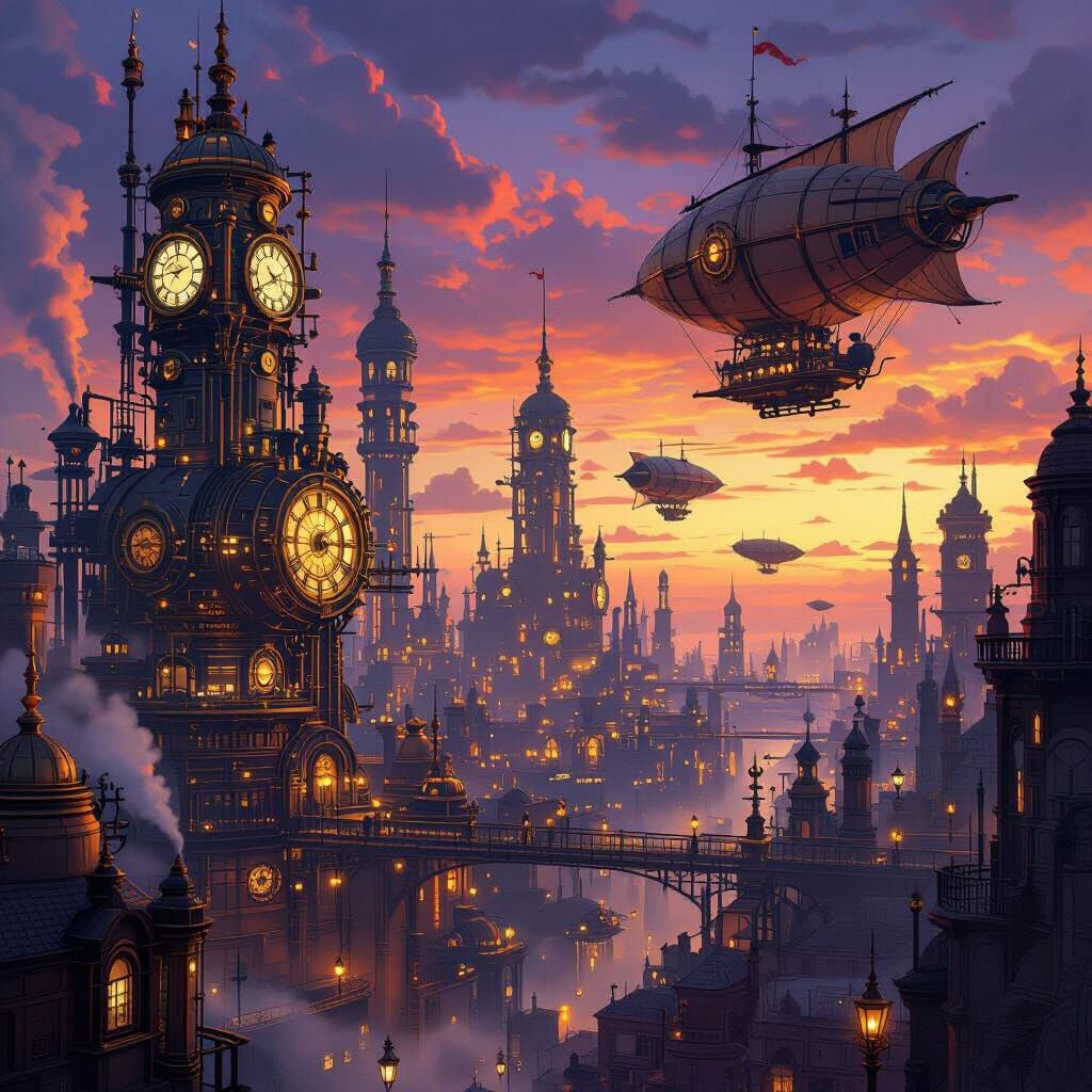 Steampunk Metropolis at Dusk with Airships