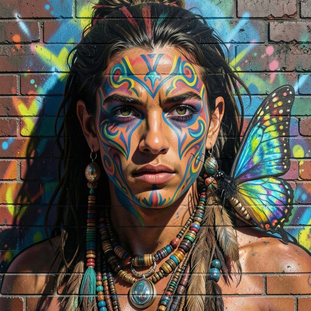 Shaman Portrait with Butterfly in Graffiti Style