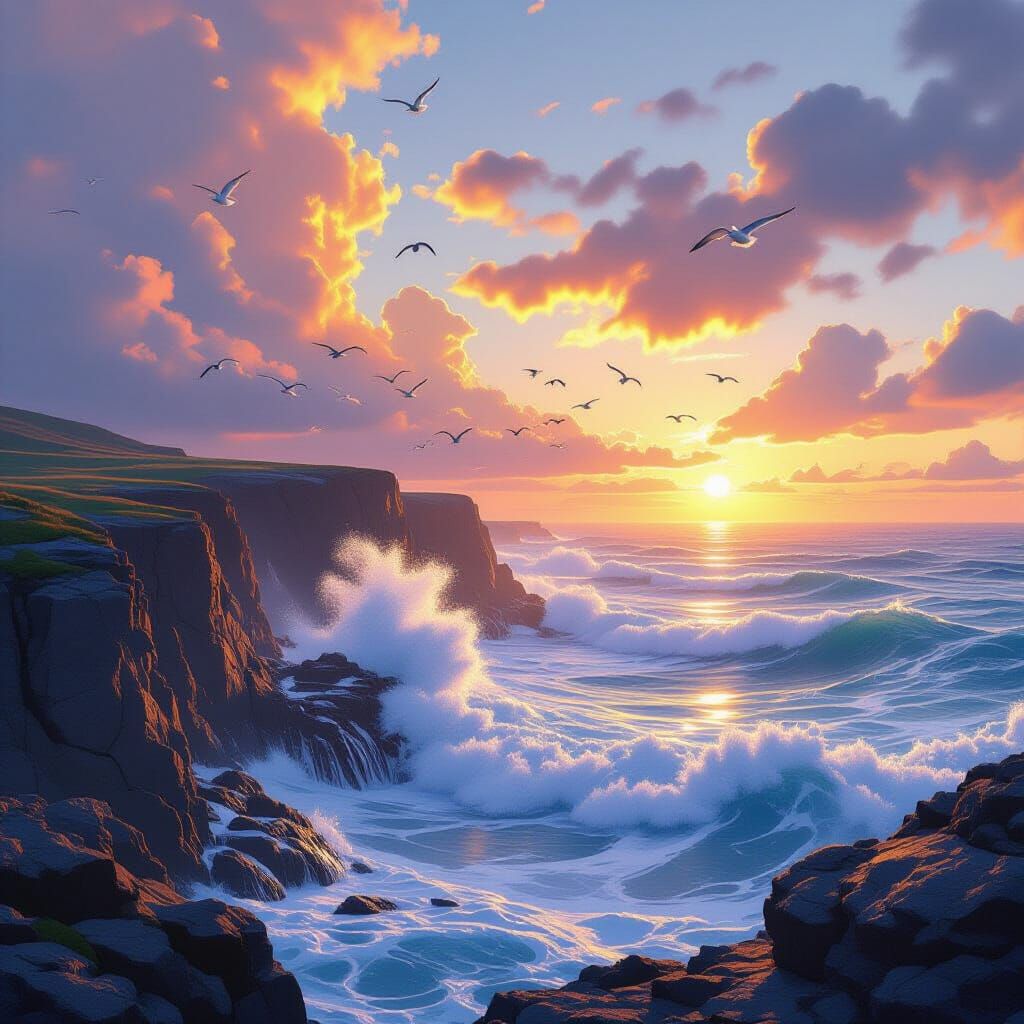 Dramatic Coastal Cliffs at Sunrise in Hyperrealism