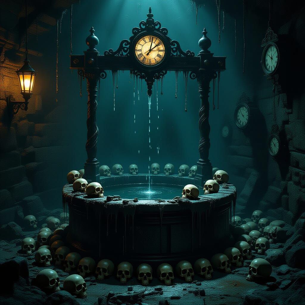 Dark Fantasy Well with Skulls and Clocks