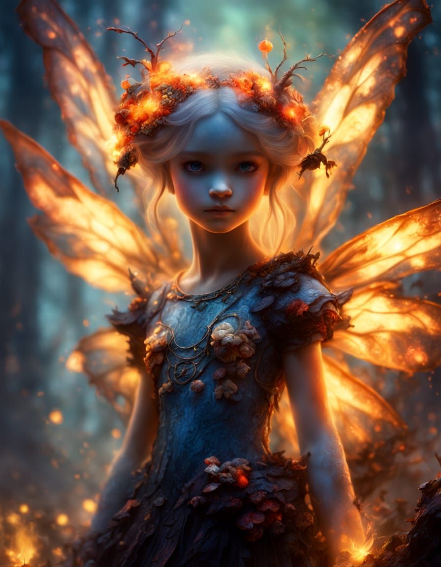 Fiery Fairy in Charred Forest, Ethereal Fantasy Art