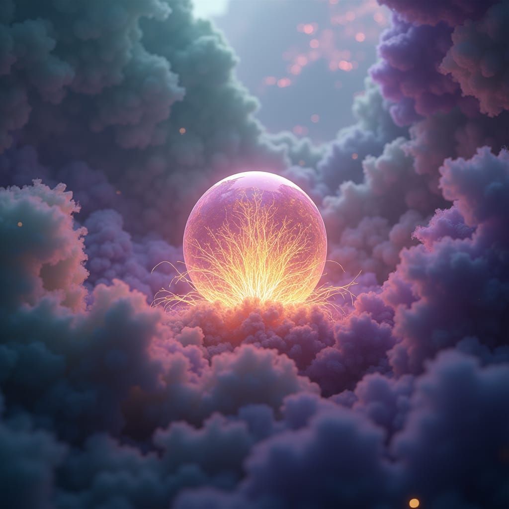 Ethereal Realm Within Iridescent Orb: Fantasy Art