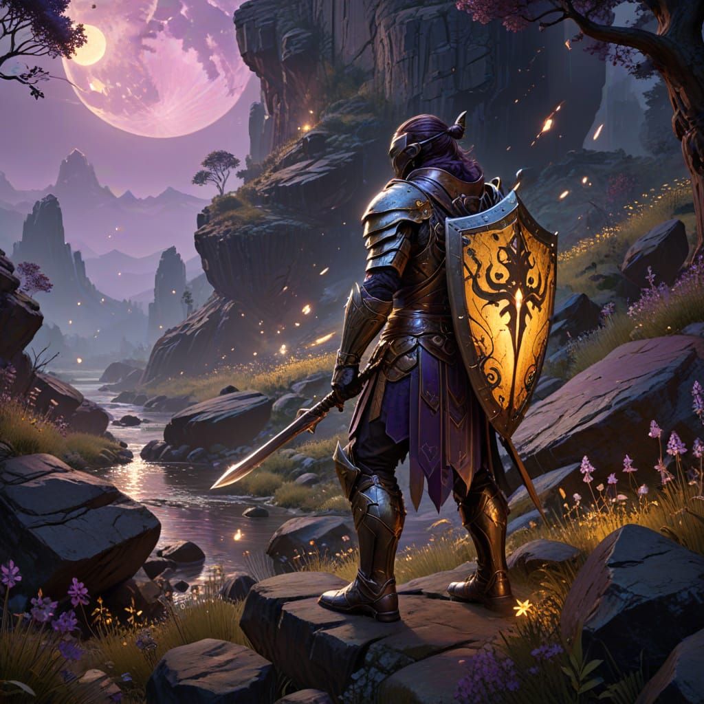 Ethereal Shield Warrior in Dark Fantasy Landscape