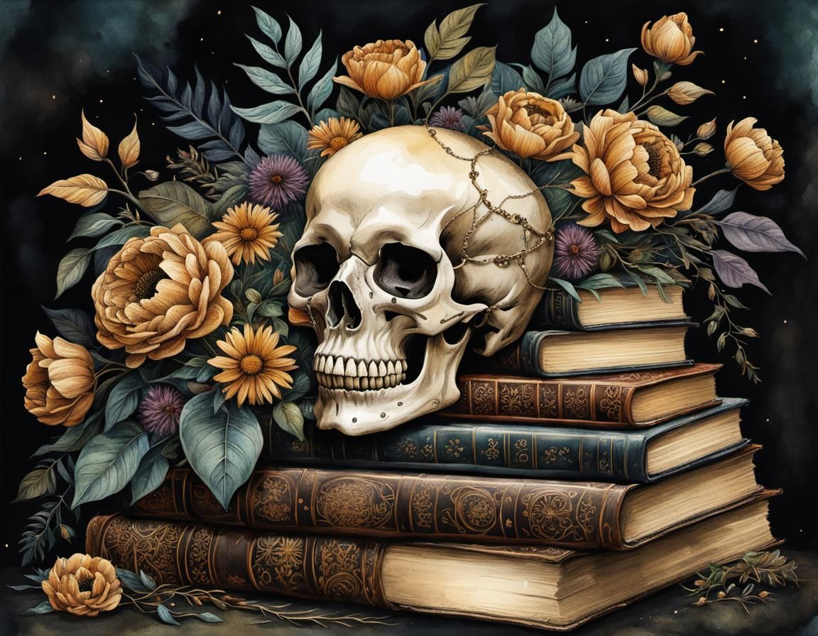 Dark Academia Skull Illustration with Foliage and Books