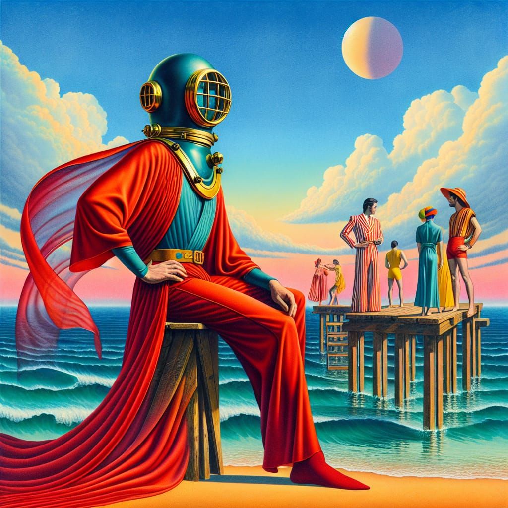 Surreal Diver on Beach Boardwalk in 1970s Style