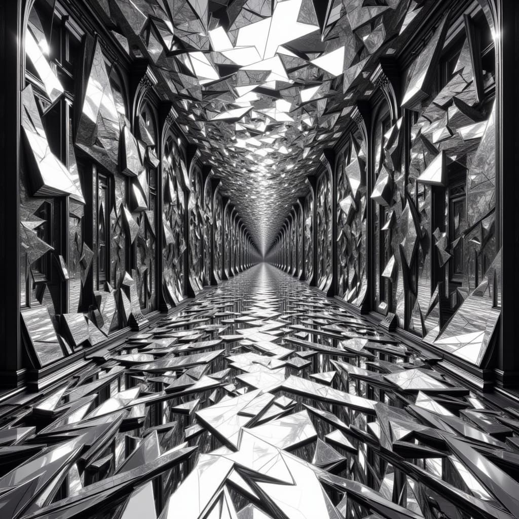Infinite Maze of Shattered Mirrors in Escher Sketch Style