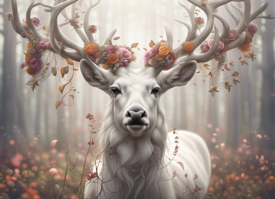 Ethereal White Deer with Floral Antlers
