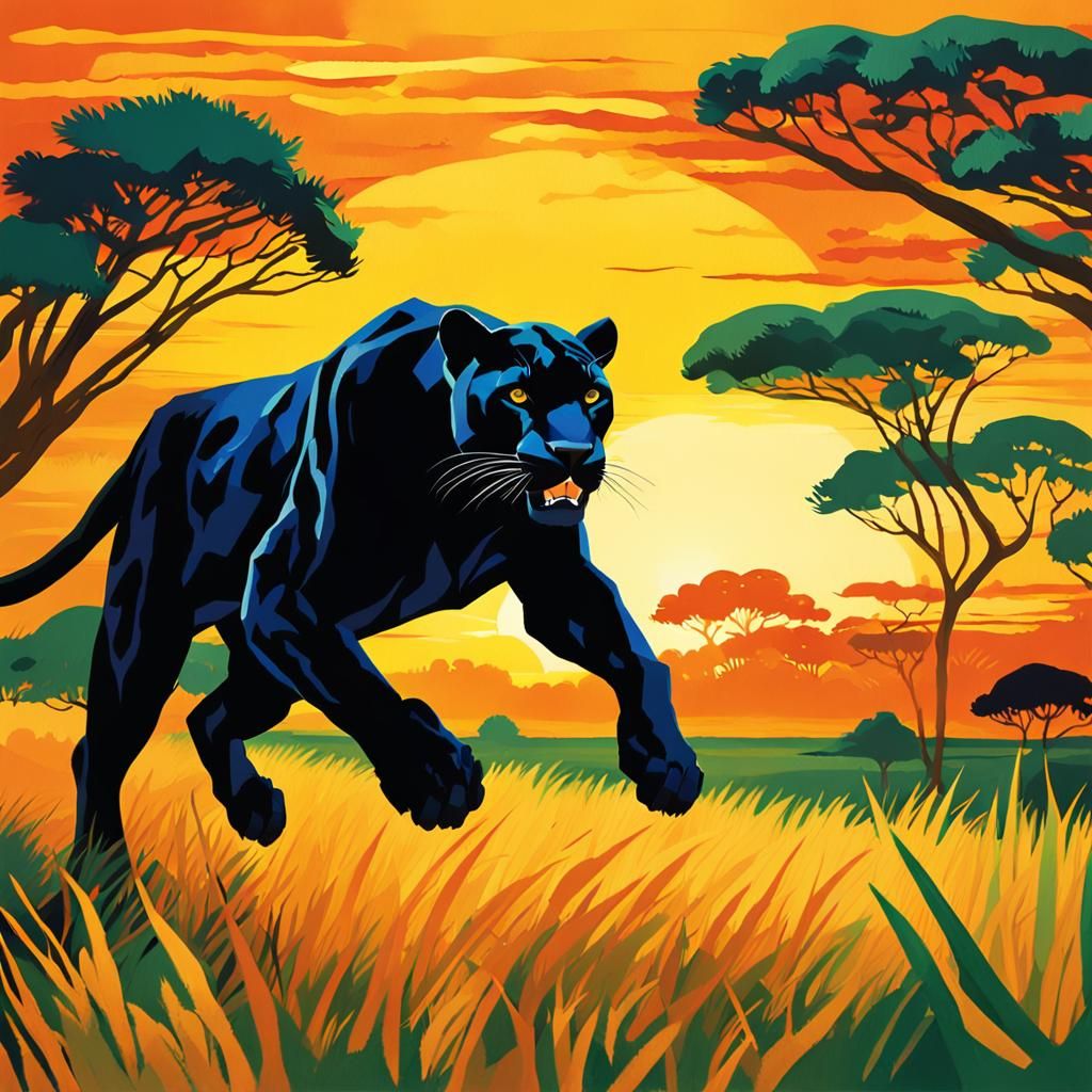 Black Panther Leaping in Sun-Kissed Savannah