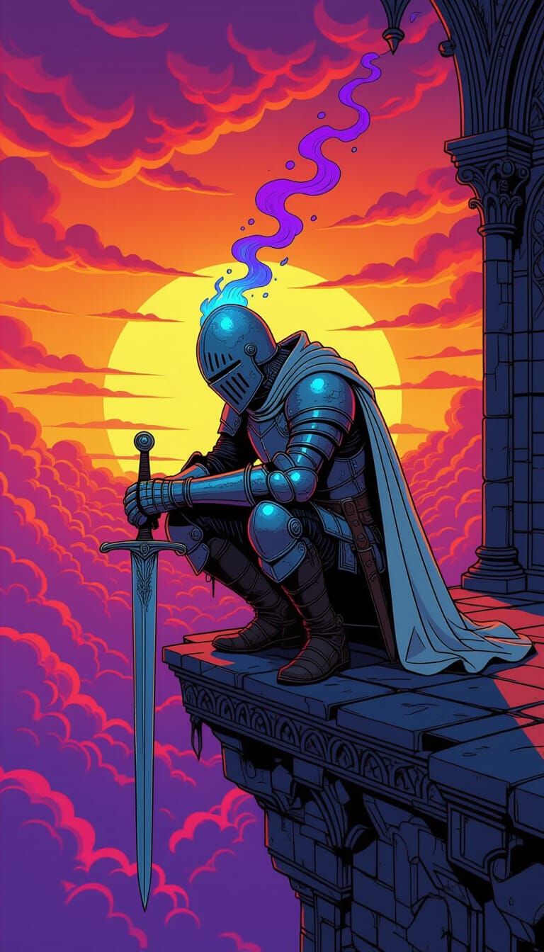 Psychedelic Knight with Fiery Head Above Clouds