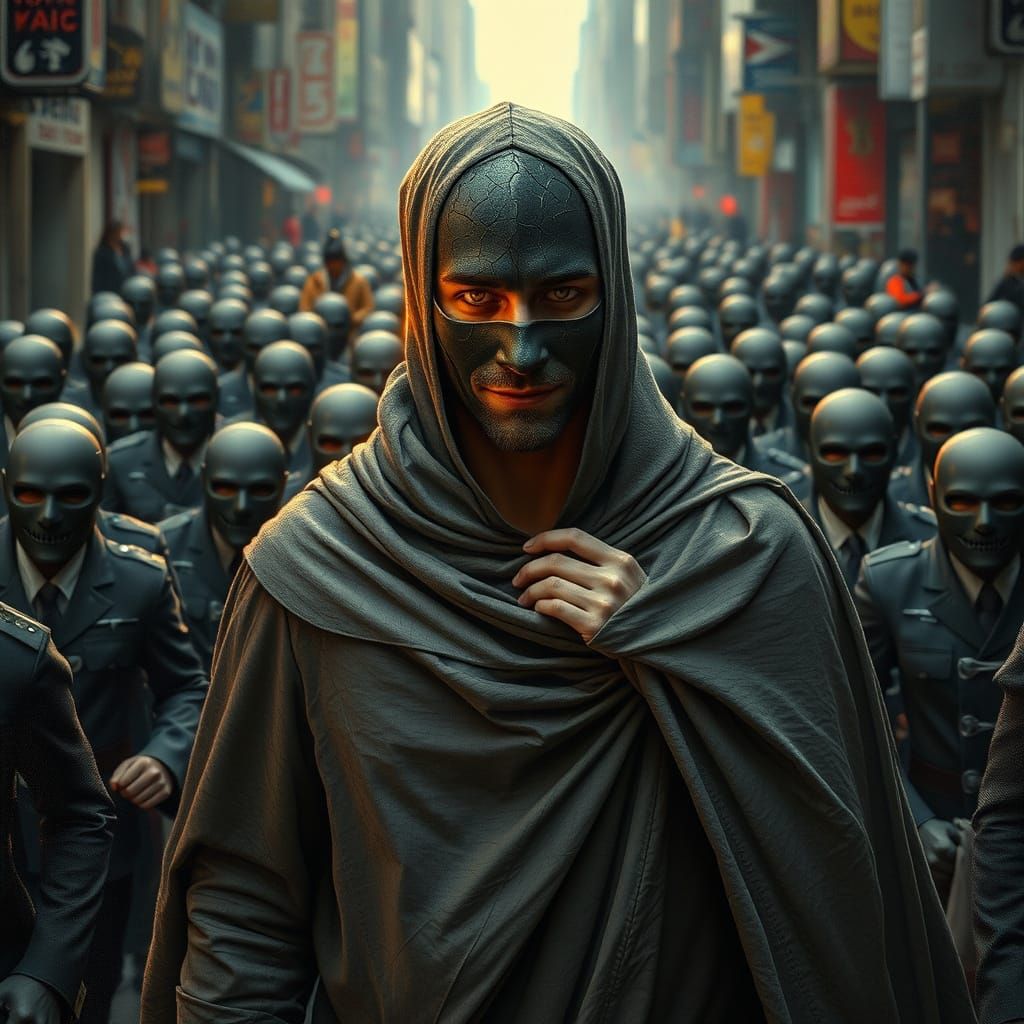 Man Reveals Authentic Self in Sea of Grey Masks