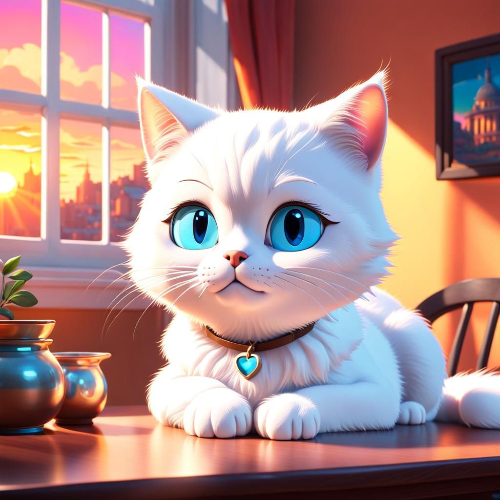 Cute White Cat Portrait in Cozy Home, 3D Style