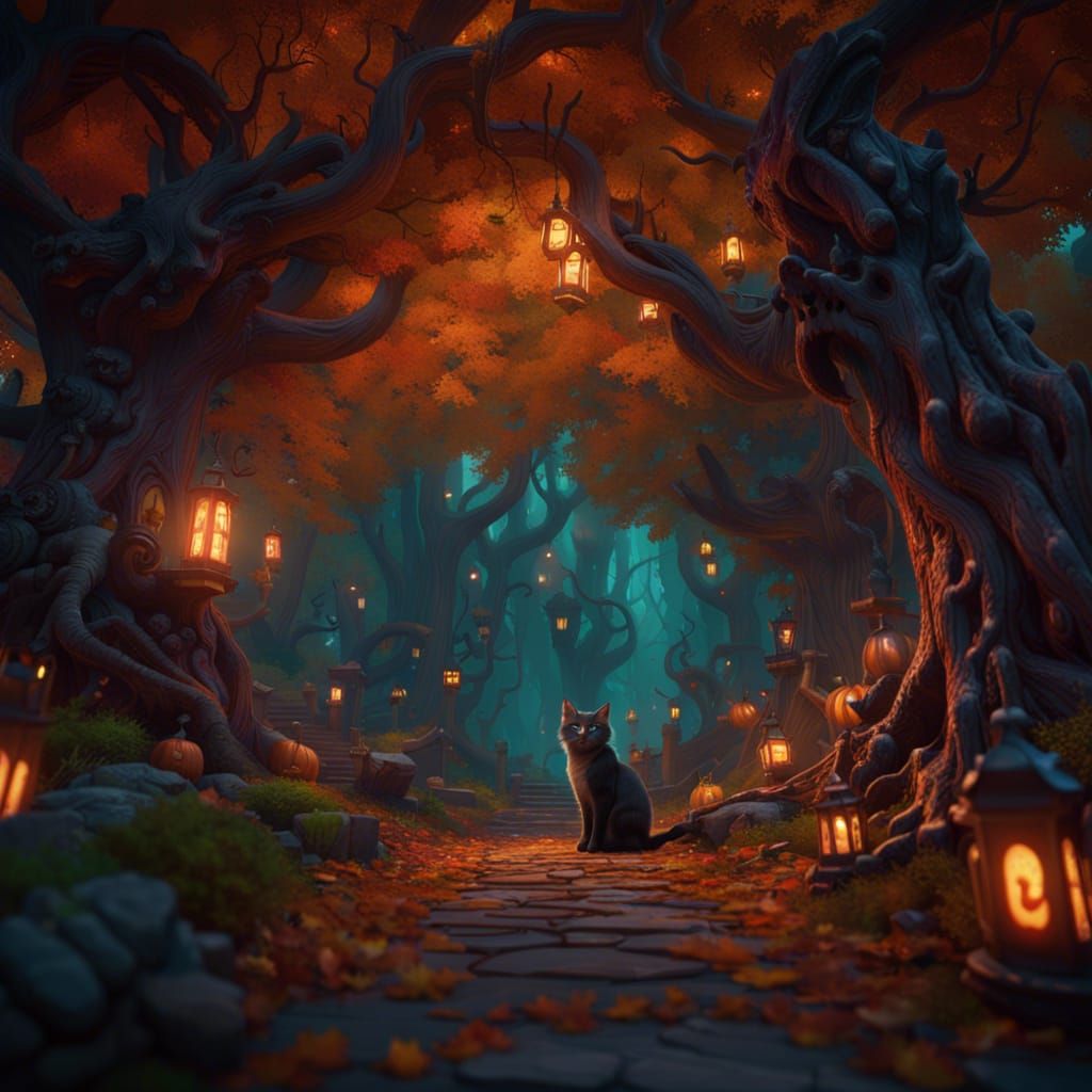 Eerie Halloween Cat in Warcraft Woods, Pixar Style