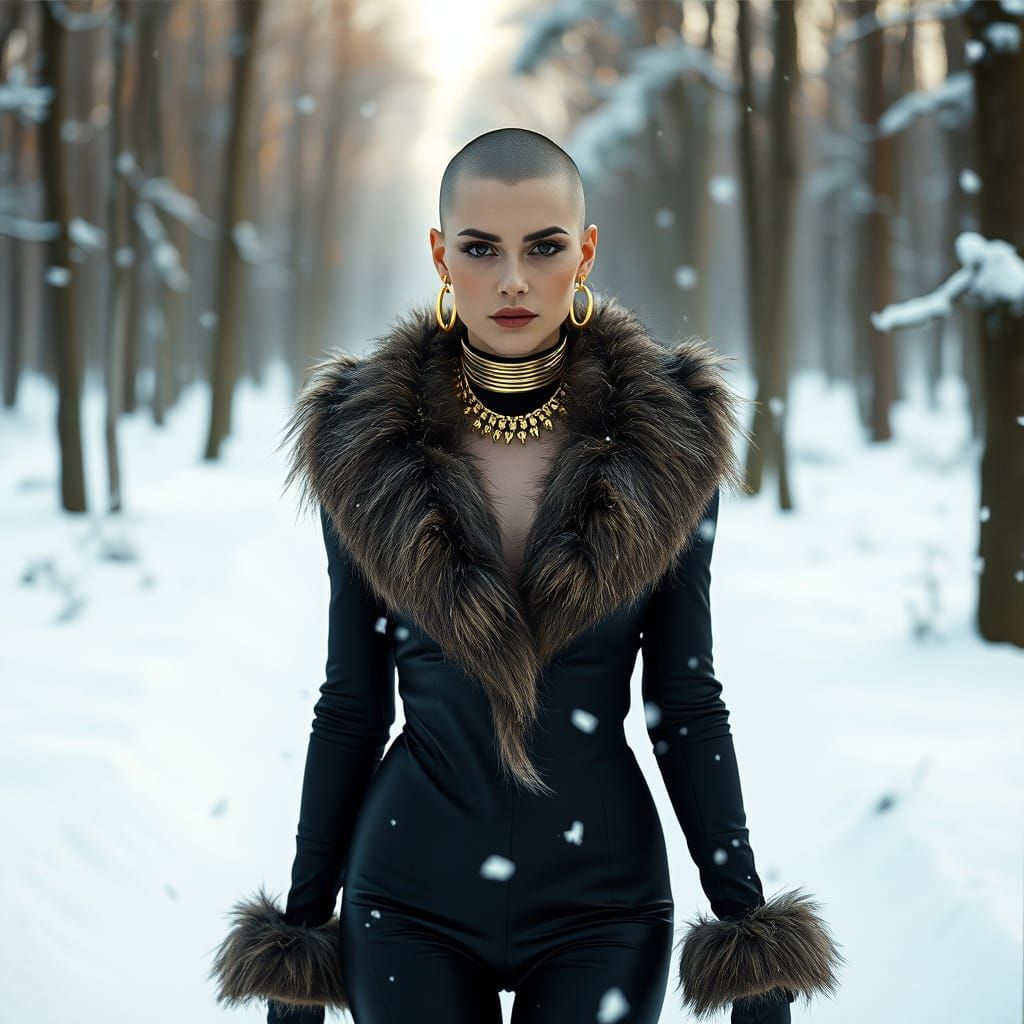 Confident High-Fashion Model in Snowy Forest