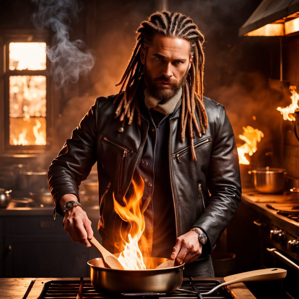 Sensual Chef Masterpiece in Flaming Leather Jacket