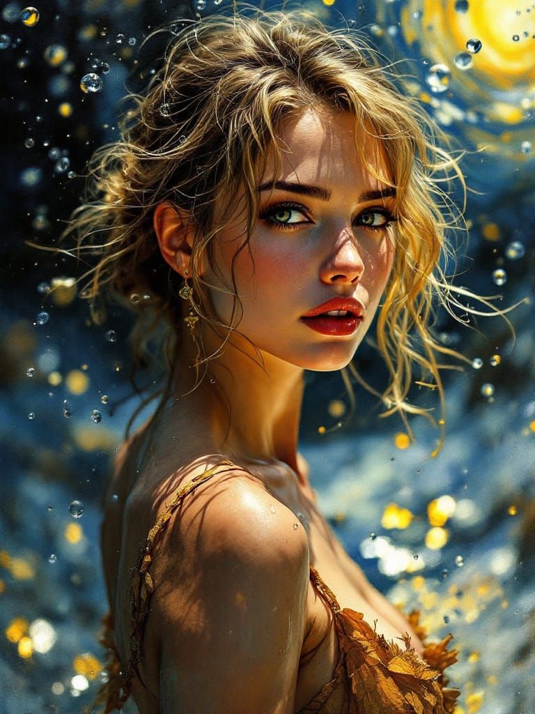 Pin-Up Woman in Luminous, Wet Hyperrealism