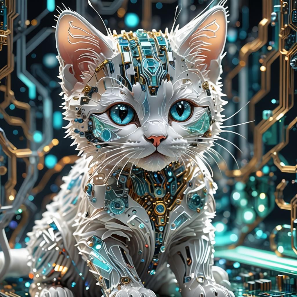 Crystal Circuit Kitten: Hyperrealistic Concept Art