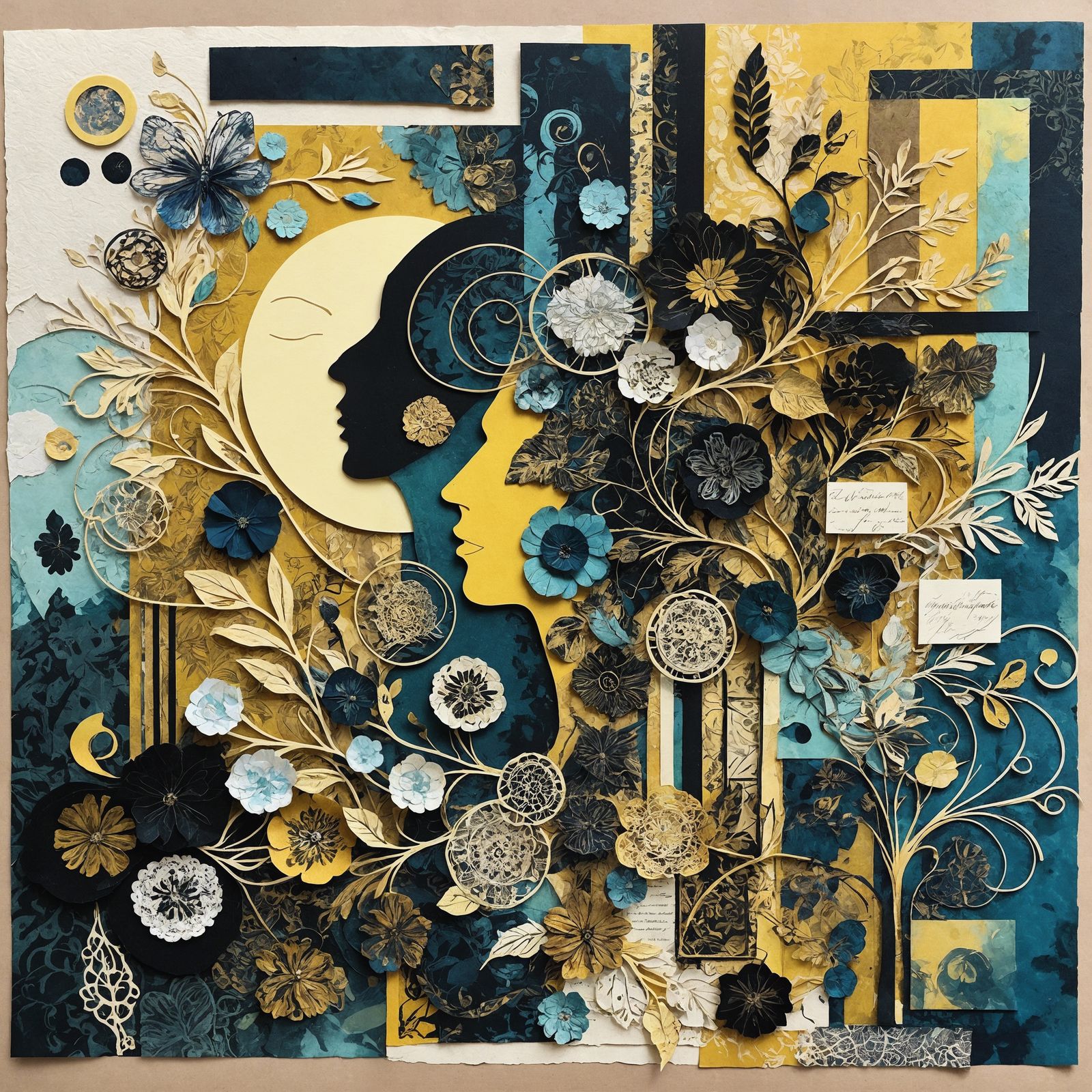 Intricate Paper Collage with Faces and Botanicals