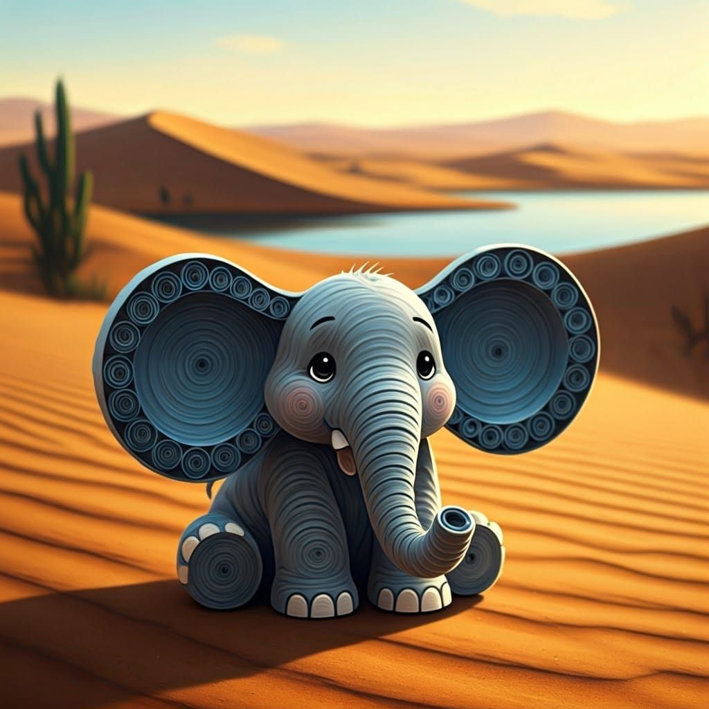 Quilled Paper Elephant in Desert Landscape