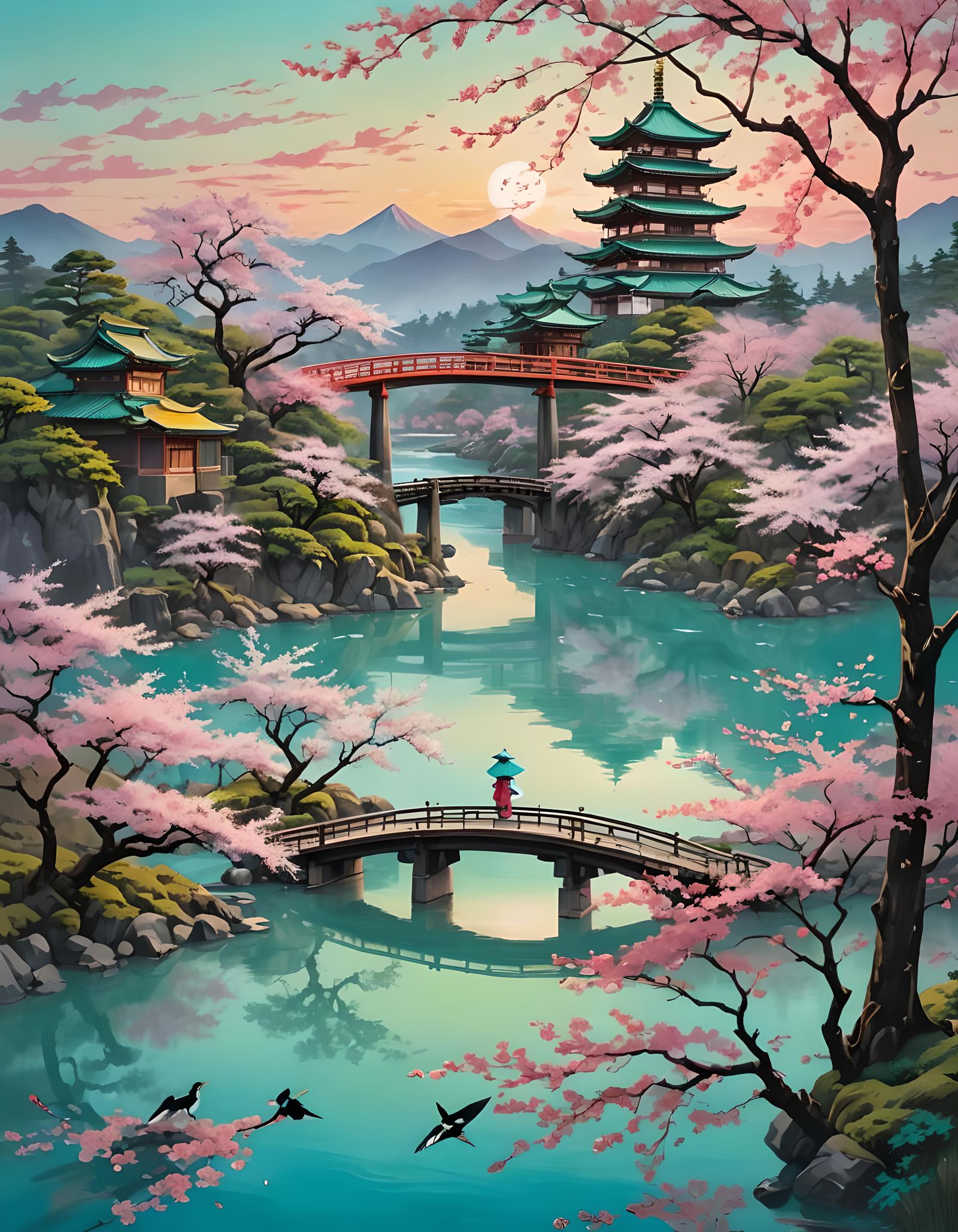 Japanese landscape with pagodas and a reflective and translu...