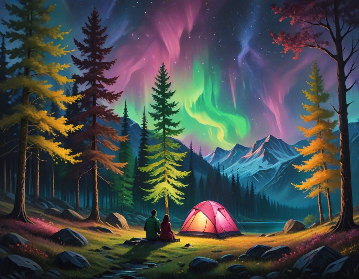 Couple Camping Under Aurora Borealis: Oil Painting