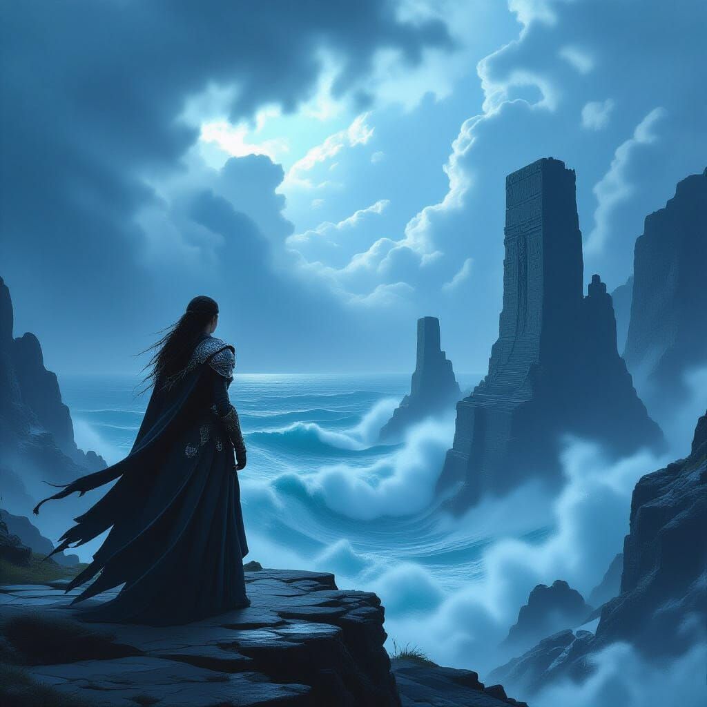 Viking Warrior Woman on Stormy Precipice