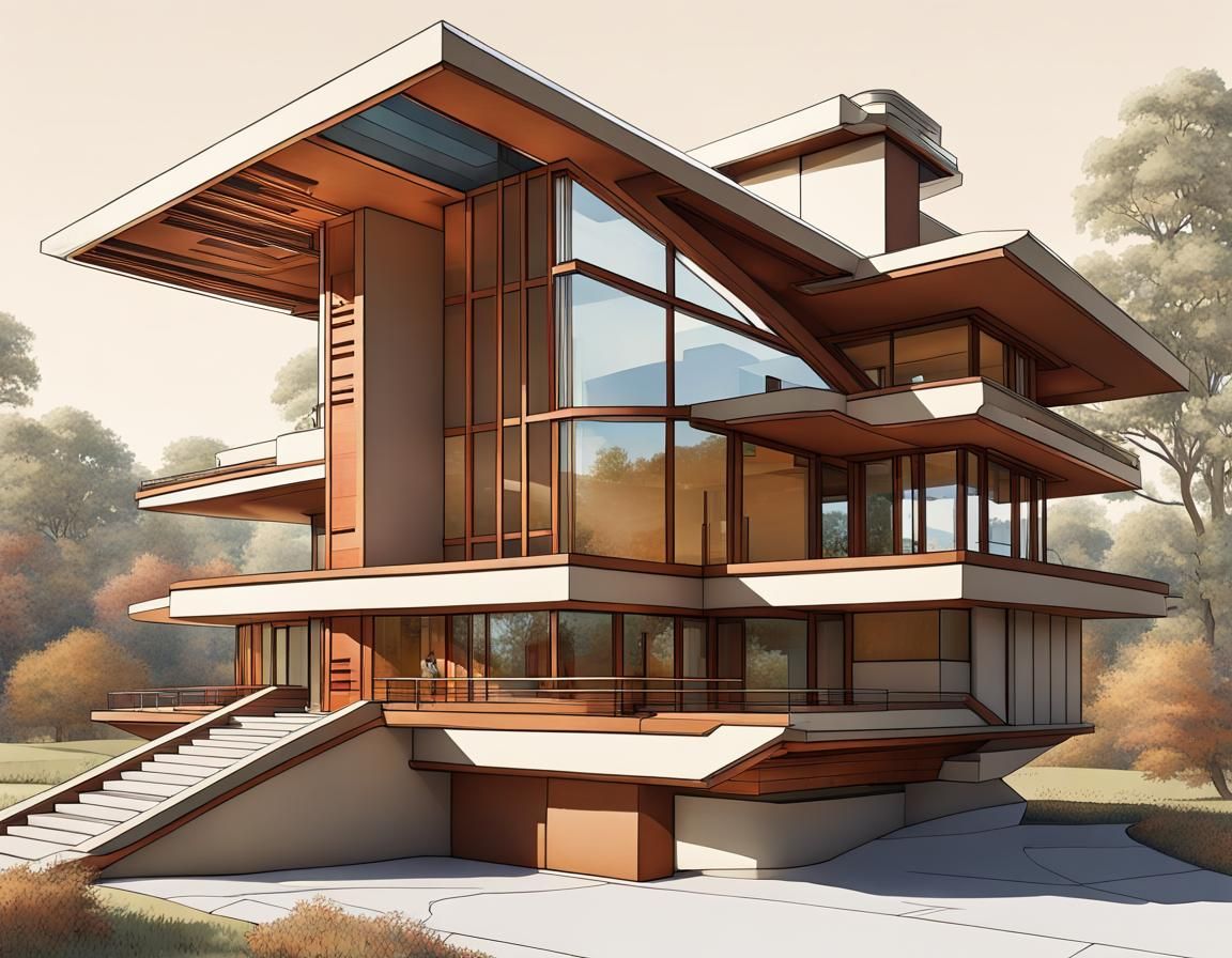 designer and builder make designs for a house of the future of 2035, house in style of frank lloyd wright, intricate, de...
