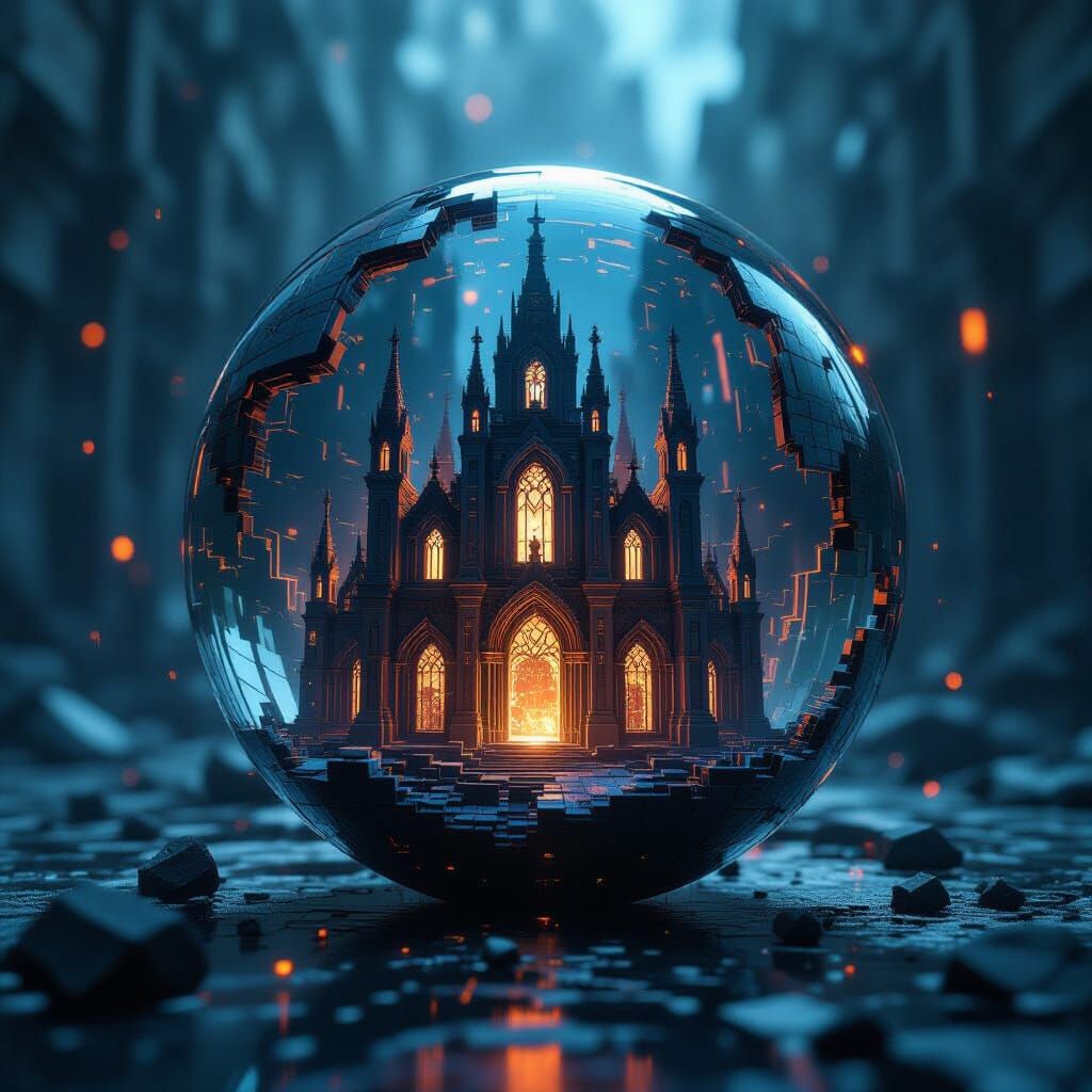 Obsidian Orb Encapsulating Crumbling Arcade Cathedral