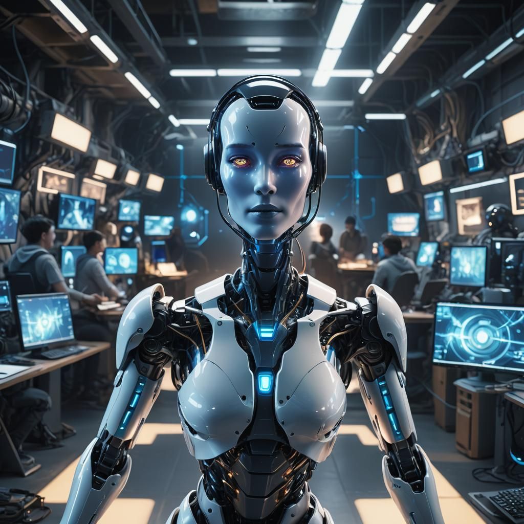 Iridescent AI Robot in Sci-Fi Computer Room