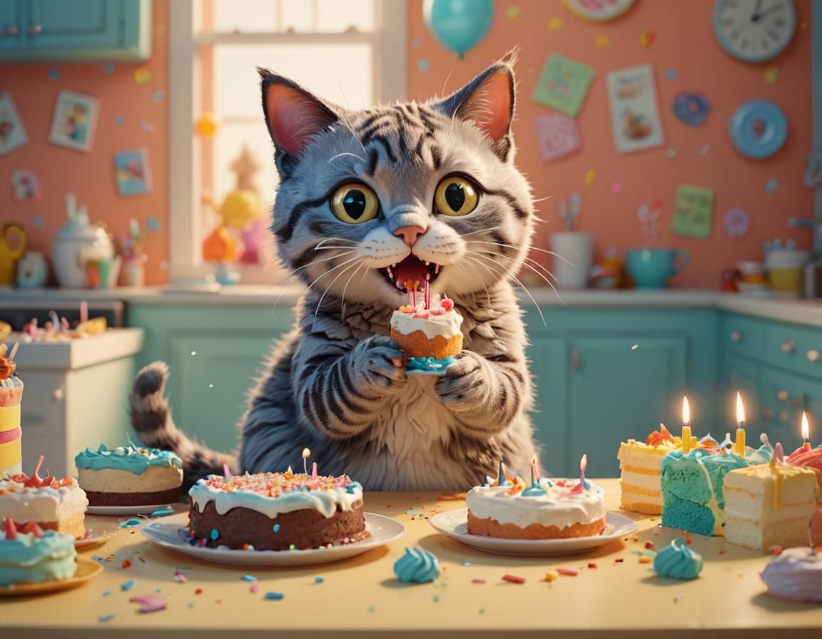 Cartoon Cat Celebrates Birthday: 3D Render