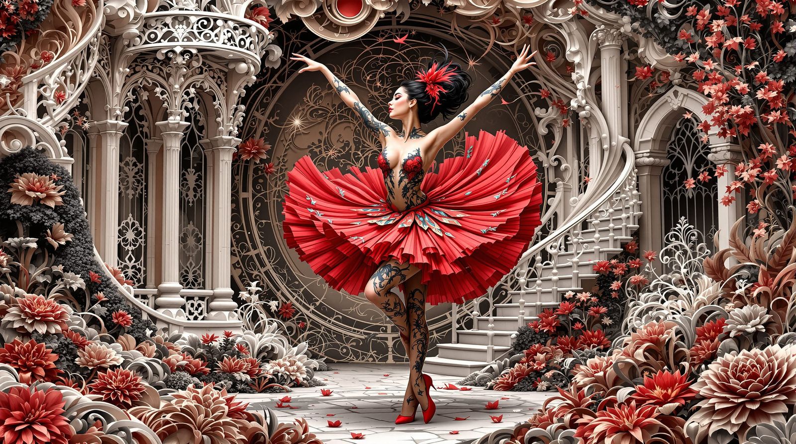 Intricate Tattooed Dancer in Art Nouveau Rococo Setting