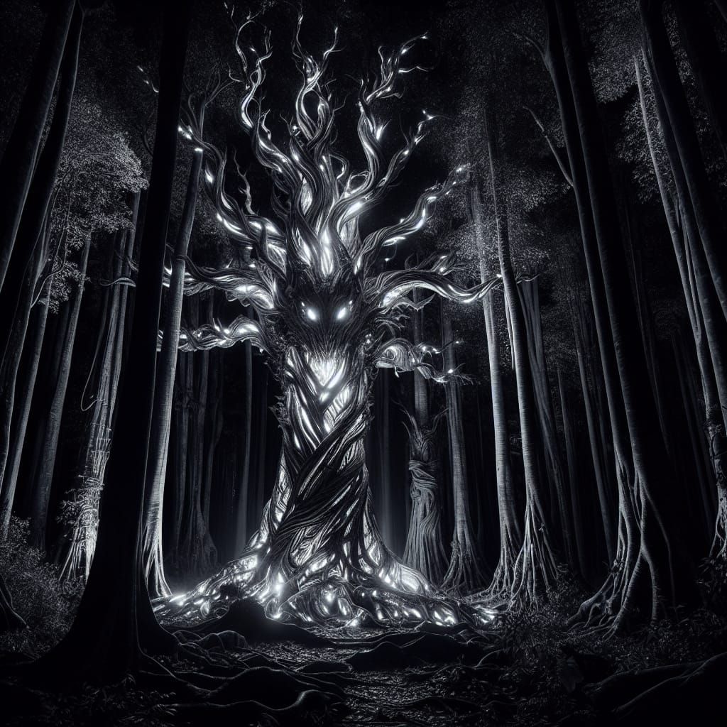 Glowing Tree Monster in Dark Forest