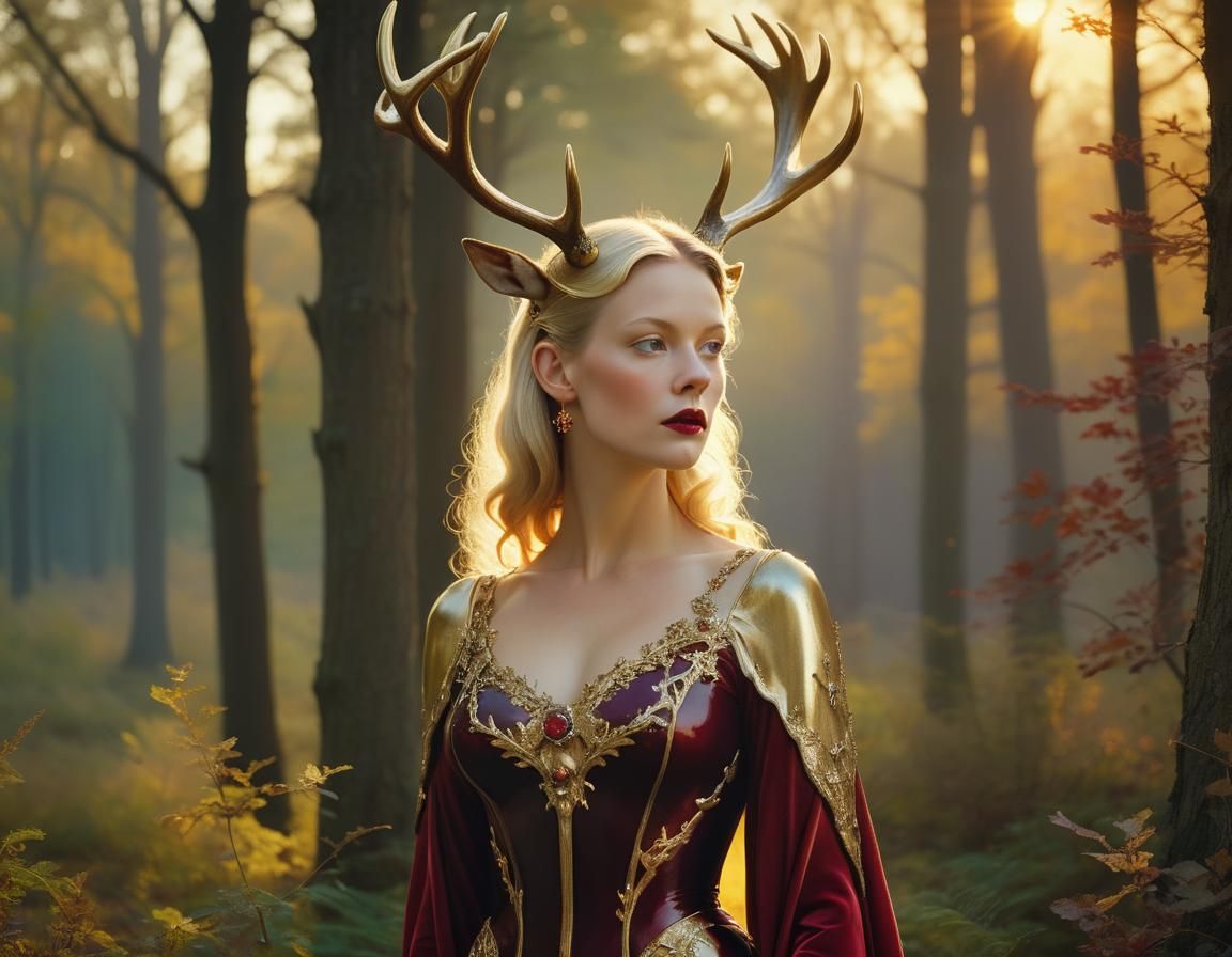 Fae Woman with Antlers in Glade, Golden Age Illustration