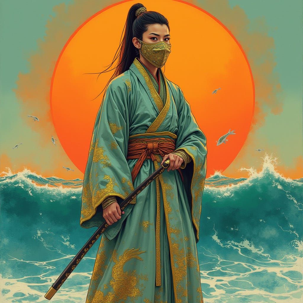 Androgynous Ninja Shogun in Kimono, Sunset, and Ocean