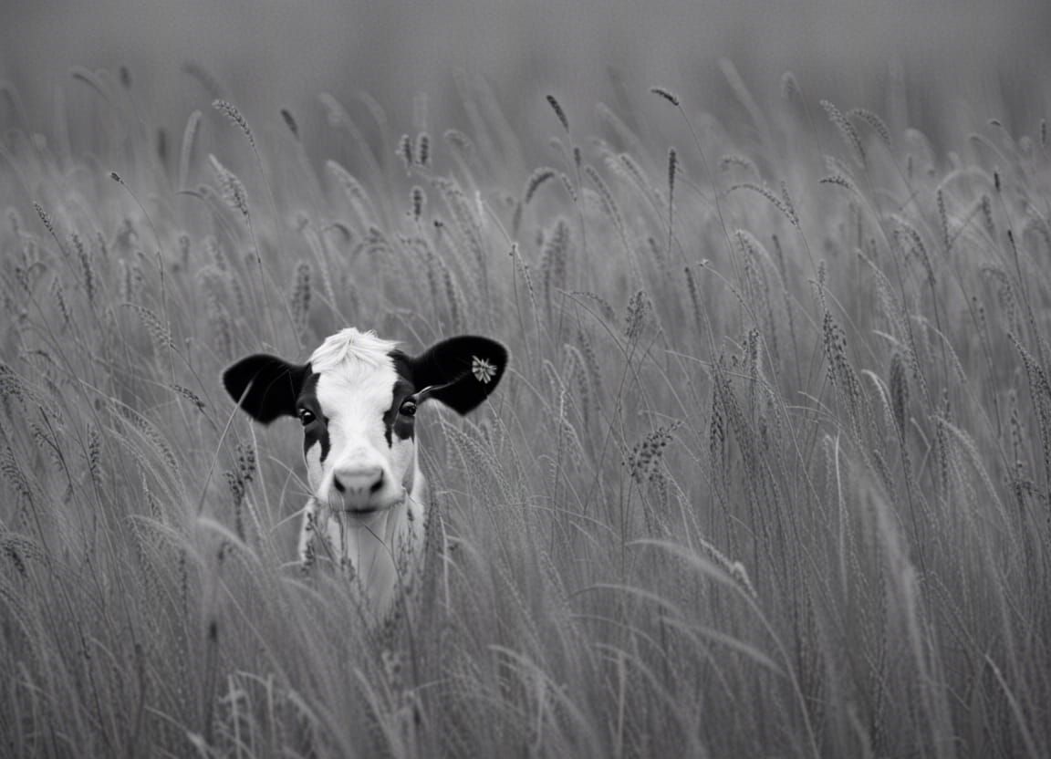 Calf with Butterfly: Black and White Photo