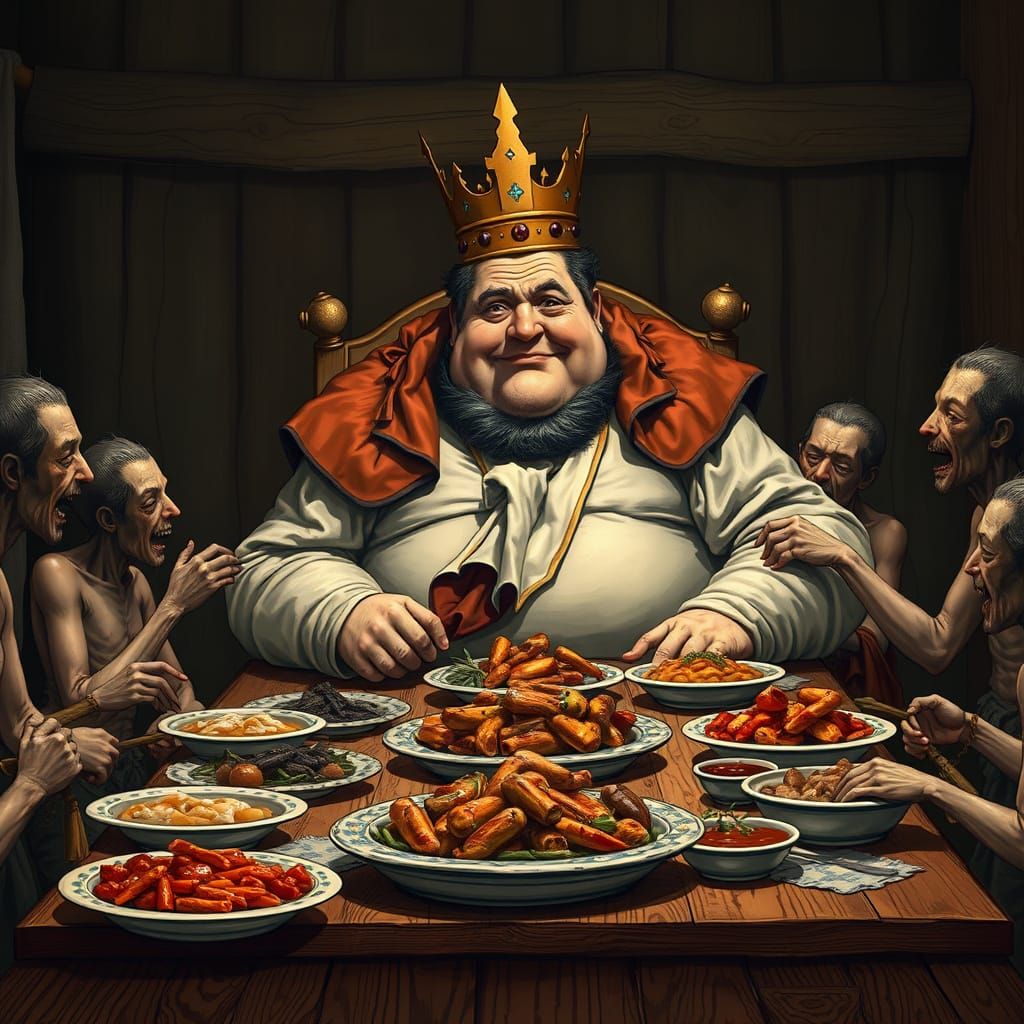 A Gluttonous King Devours a Feast in a Medieval Setting
